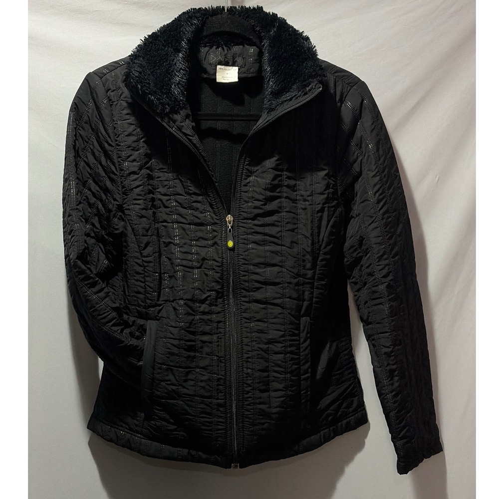 Dakini Womens Black Quilted Faux Fur Collar Full Zip Fleece Lined Jacket Medium